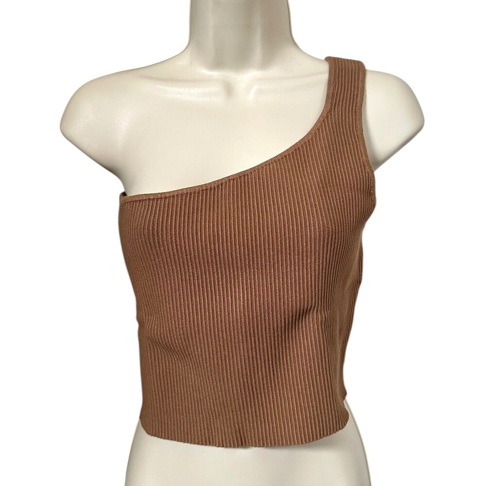 House of Harlow 1960 Luxe Essentials One Shoulder Ribbed Crop Top Size L Brown
